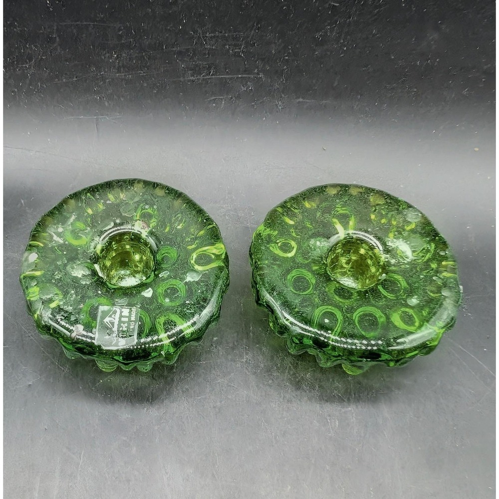 Viking Glass Epic Tundra Avocado Green Candle Holders Set of 2 MCM Art Glass 60s